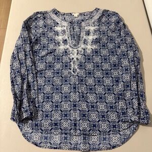 J.Crew Blue White Geometric Embroidered Cotton Tunic Top Notch Neck Women's S